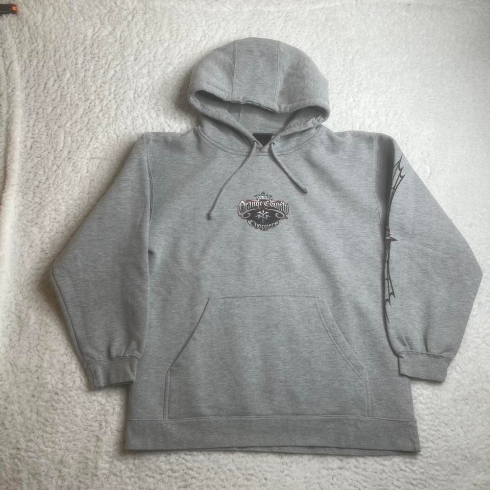 Y2K orange county choppers men's grey biker hoodie‎ sleeve hit back hit flames M